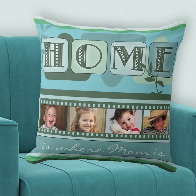 Personalised Leafy Green Photo Pillow (A modern teal green pillow with a "Home is ..." theme with your own photos - Mother's Day - birthday)