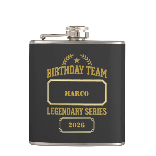 Personalised Legendary Series Gold  Birthday Hip Flask (Front)