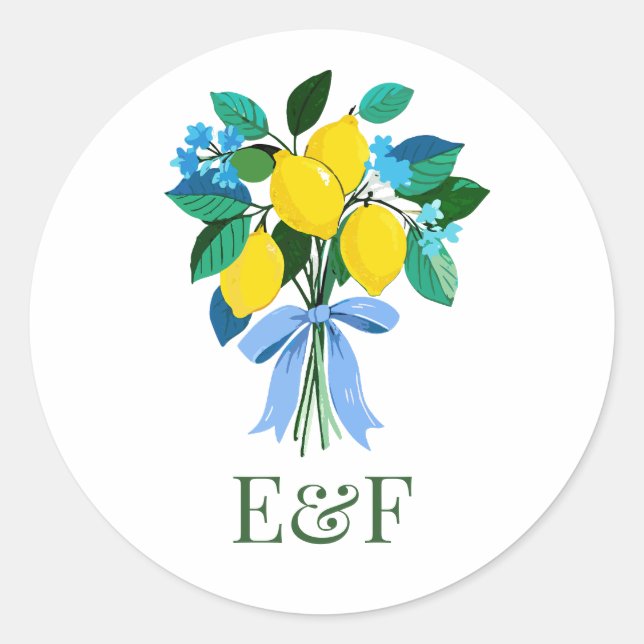 Personalised Lemon Bridal Shower Monogram Classic Round Sticker (Front)