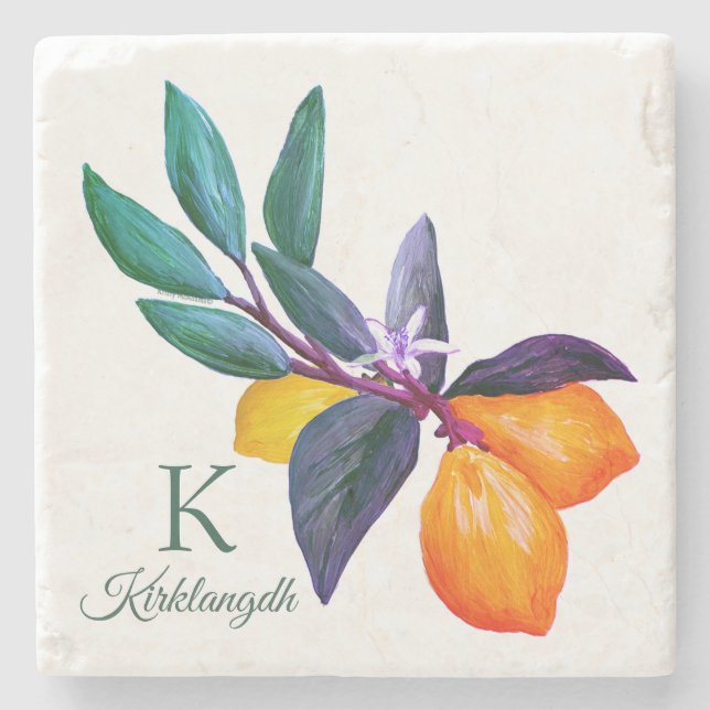 Personalised Lemon Leaf Citrus | Monogram & Name  Stone Coaster (Front)