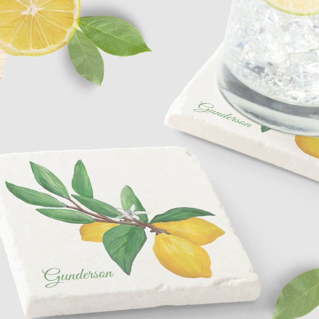 Personalised Lemon Leaf |  Yellow Green Name  Stone Coaster (Creator Uploaded)