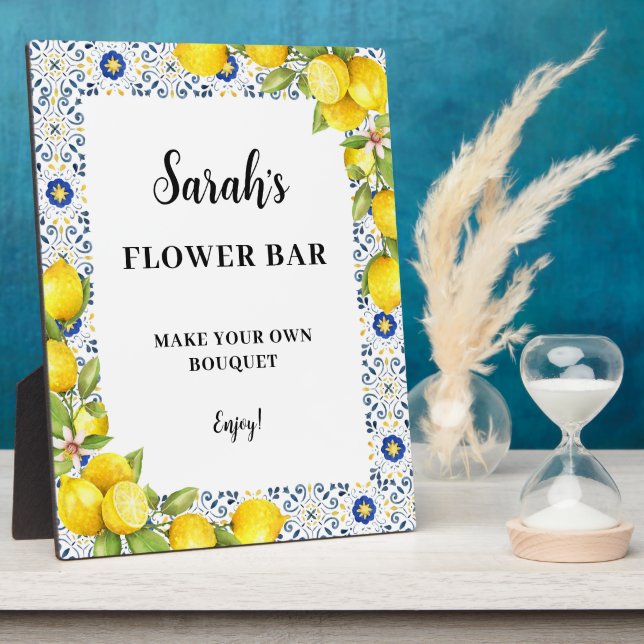 Personalised Lemon on blue tiles Flower Bar Sign Plaque (Side)