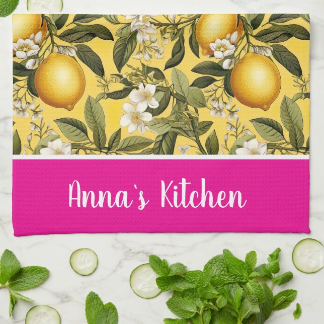 Personalised Lemon Pattern Kitchen Towel (Folded)
