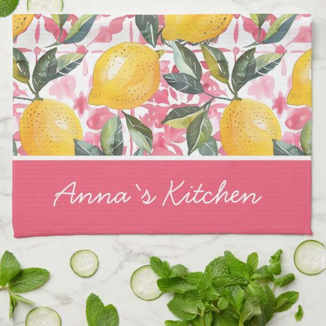 Personalised Lemon Pattern Kitchen Towel (Folded)