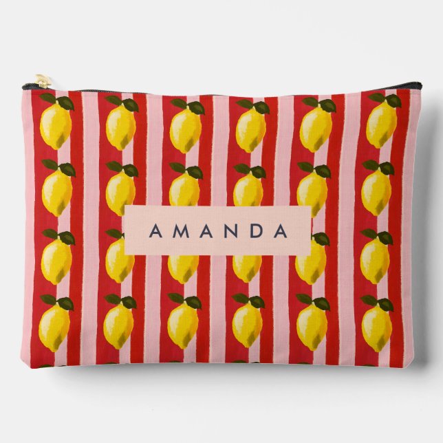 Personalised Lemon Stripe Pattern Yellow Lemons  Accessory Pouch (Front)