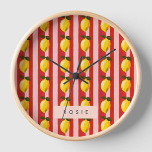 Personalised Lemon Stripe Pattern Yellow Lemons Clock