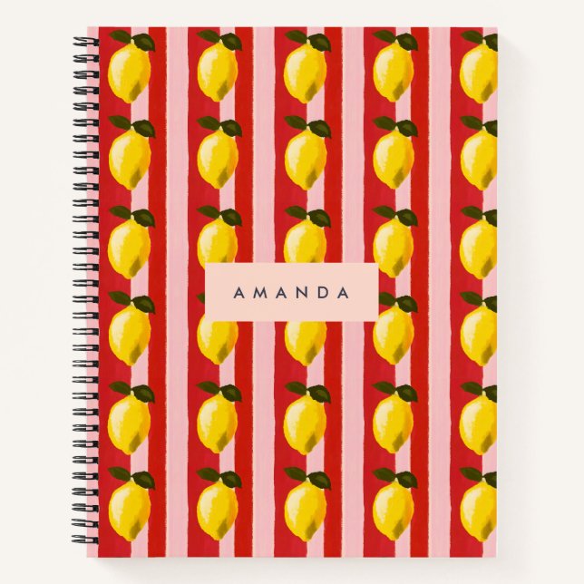 Personalised Lemon Stripe Pattern Yellow Lemons  Notebook (Front)