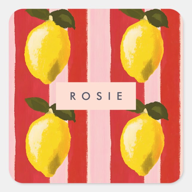 Personalised Lemon Stripe Pattern Yellow Lemons  Square Sticker (Front)