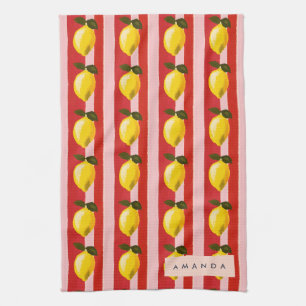 Personalised Lemon Stripe Pattern Yellow Lemons  Tea Towel