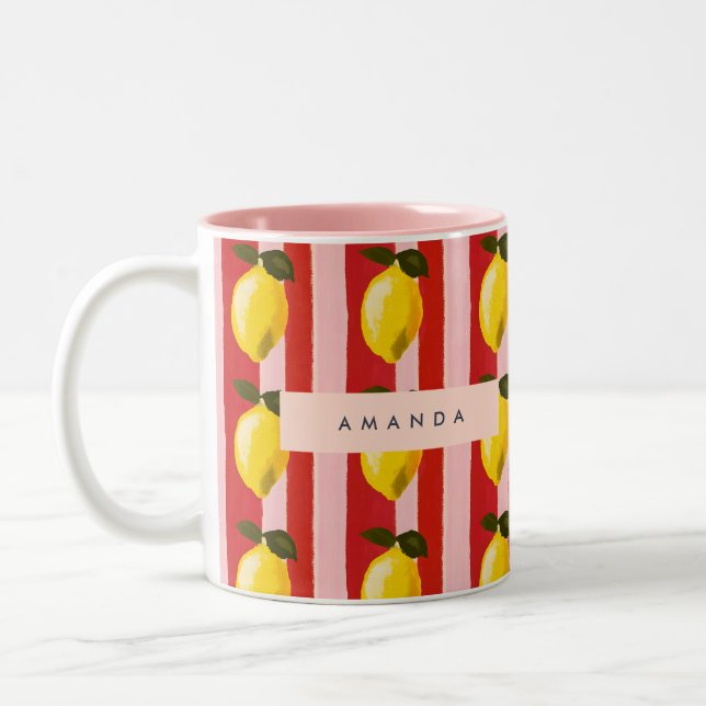 Personalised Lemon Stripe Pattern Yellow Lemons  Two-Tone Coffee Mug (Left)