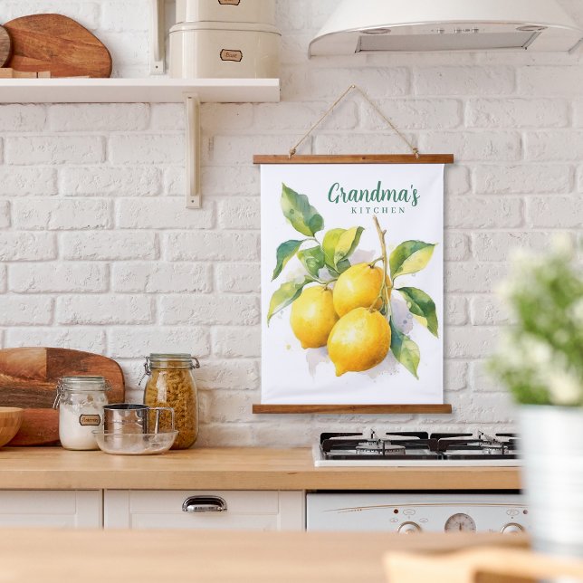 Personalised Lemon Watercolor Kitchen Tapestry (Personalized Wood Top Hanging Kitchen Tapestry Scroll Lemons and Leaves on White)