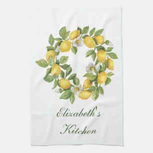 Personalised Lemon Wreath Leaves White Flowers Tea Towel