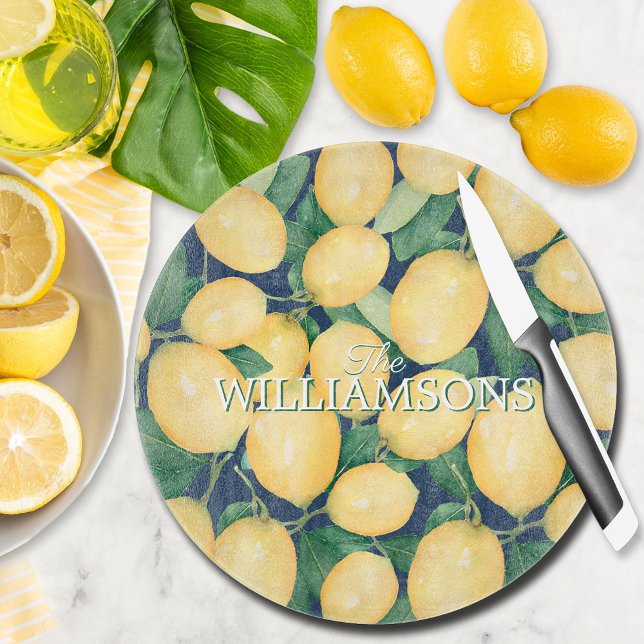 Personalised Lemons Greenery Navy Blue Cutting Board (Personalized Lemons and Greenery on Navy Blue Round Glass Cutting Board)