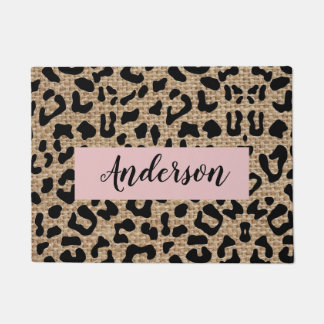 Personalised Leopard Burlap Last Name Doormat