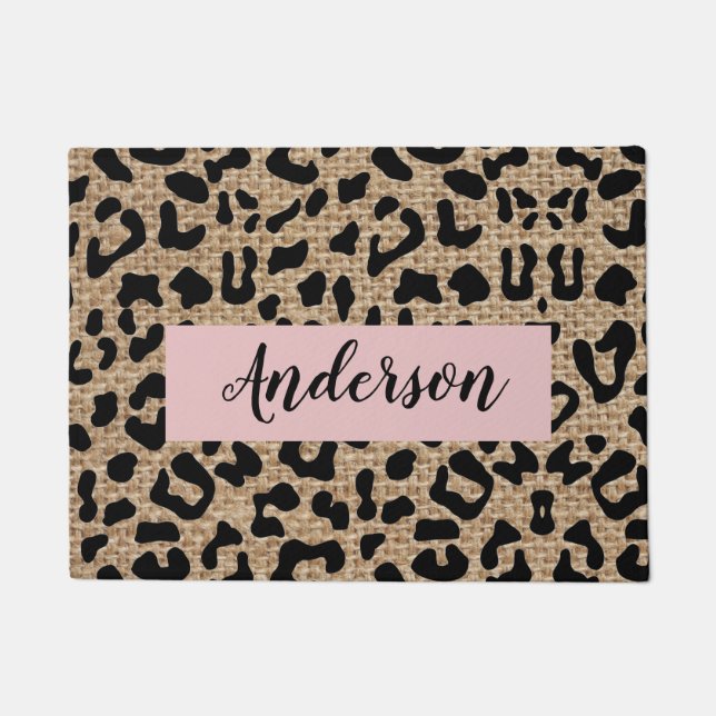 Personalised Leopard Burlap Last Name Doormat (Front)