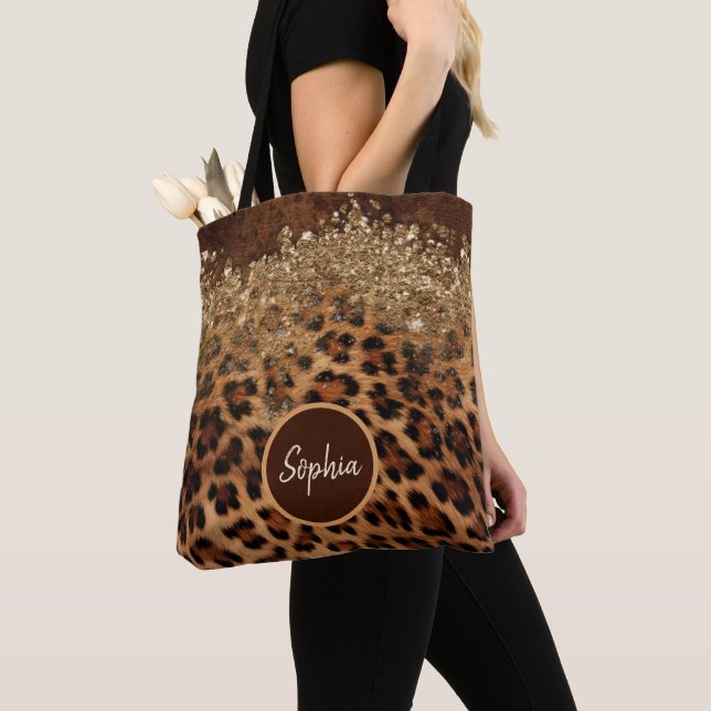 Personalised Leopard Fur Glamour Glitter Agate Tote Bag (Close Up)