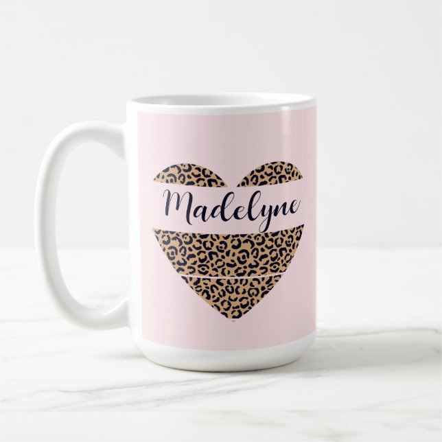Personalised Leopard Heart Pink Tall Coffee Mug (Left)