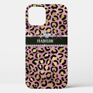 Personalised Leopard Pink Black Gold Diamond  iPhone 12 Case