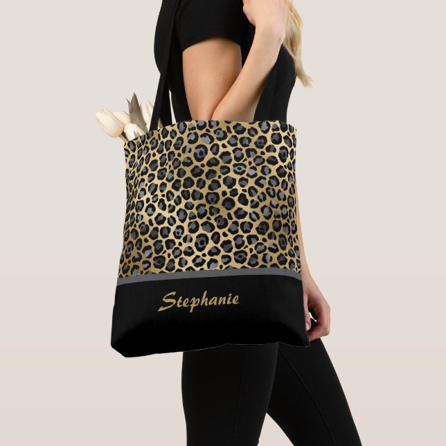 Personalised Leopard Print | Black, Grey & Gold Tote Bag (Close Up)
