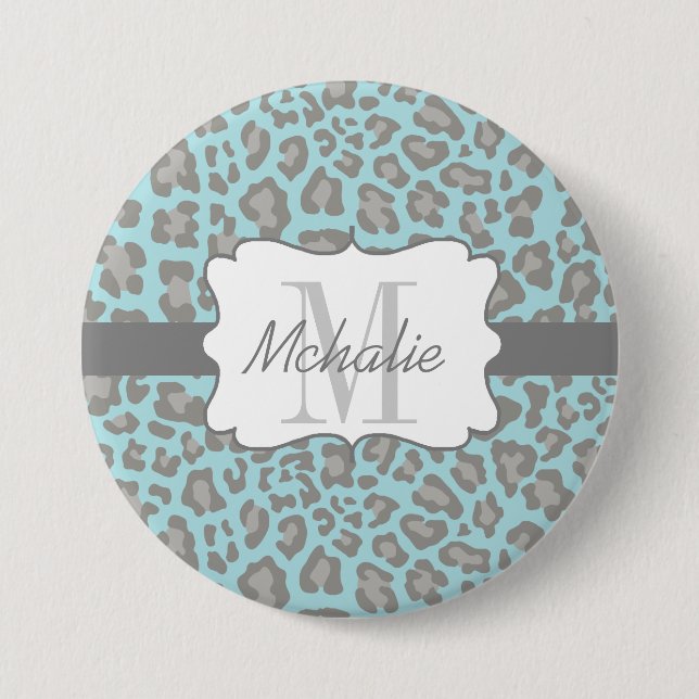 Personalised Leopard Print Blue and Grey Button (Front)