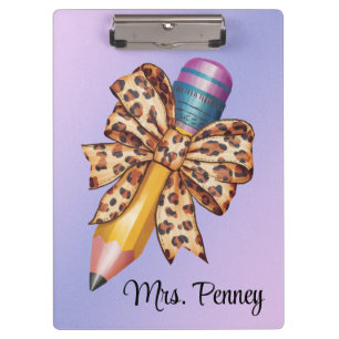 Personalised leopard print coquette bow and pencil clipboard