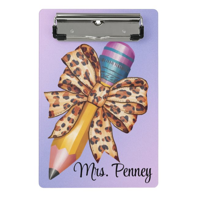 Personalised leopard print coquette bow and pencil mini clipboard (Front)