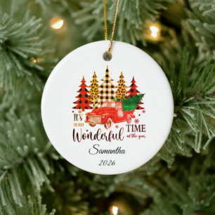 Personalised Leopard print plaid Christmas tree Ceramic Ornament