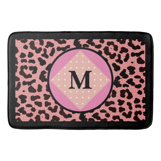 Personalised Leopard Print Polka Monogram Bath Mat (Front)