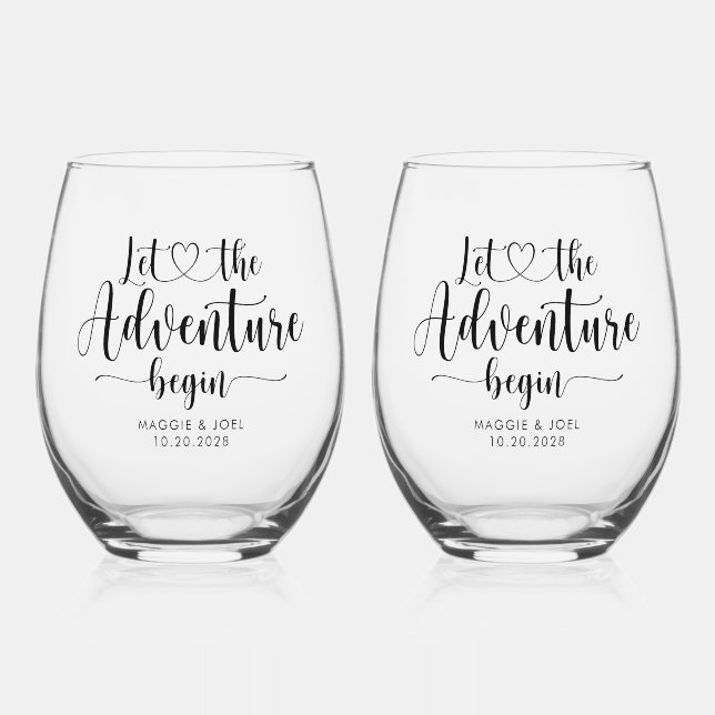 Personalised Let The Adventure Begin Wedding Stemless Wine Glass (Front)