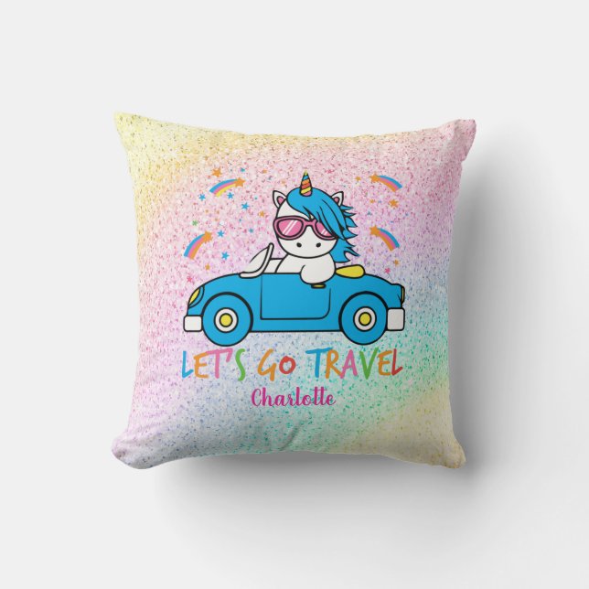 Personalised Lets Travel Unicorn Throw Pillow (Front)