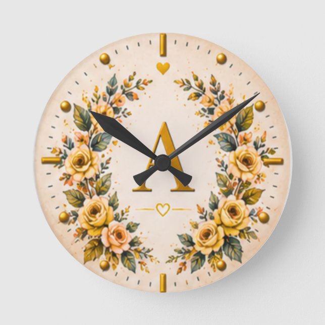 Personalised Letter A Floral Wall Clock (Front)