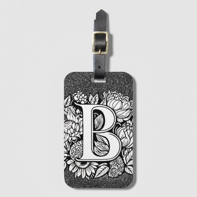 Personalised Letter B Glitter Flower Tattoos Luggage Tag (Front Vertical)