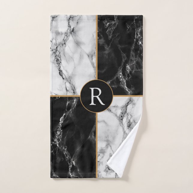Personalised Letter Bath Towels Black White Marble (Hand Towel)