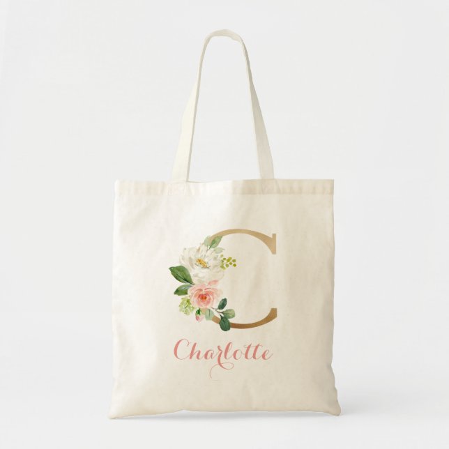 Personalised Letter "C" Tote Bag Floral Gold Blush (Front)