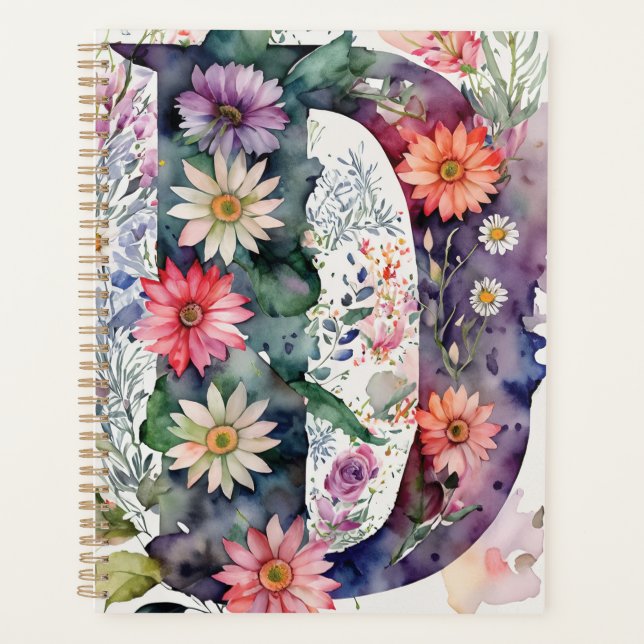 Personalised Letter D Floral Watercolor Notebook  Planner (Front)
