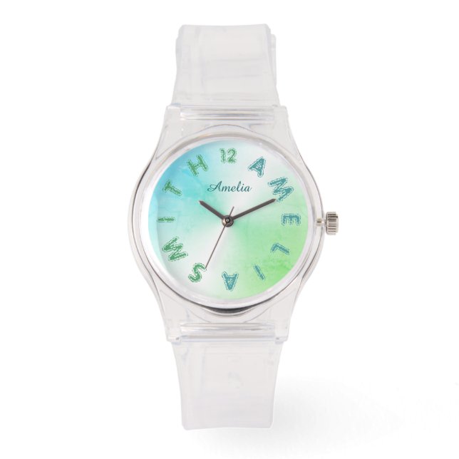Personalised Letter Dial Teal Greenery White Watch (Front)