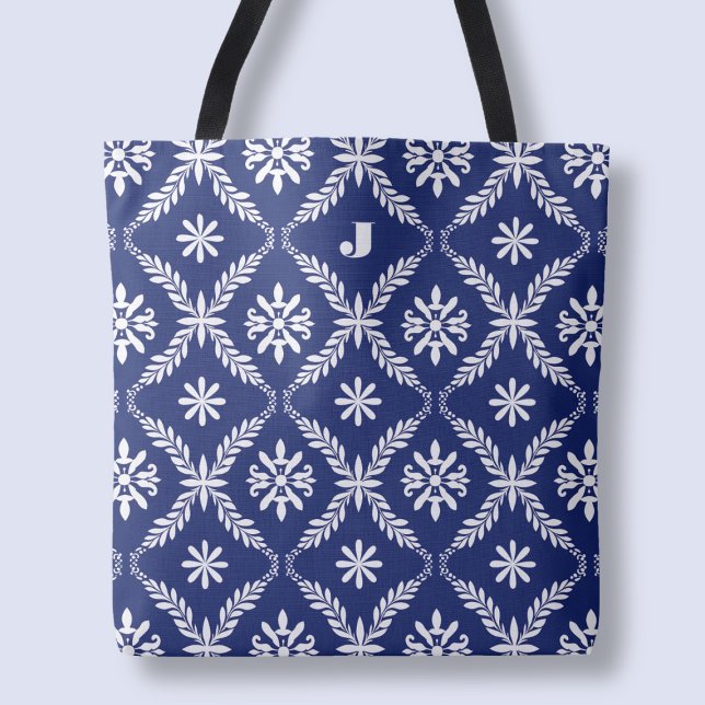 Personalised Letter Elegant Blue Pattern Initial Tote Bag (Personalized Letter Elegant Blue Pattern Initial Tote Bag)