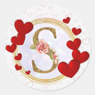 Personalised Letter Floral Monogram and Red Heart Classic Round Sticker