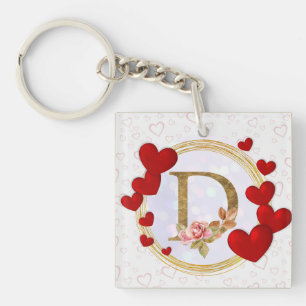 Personalised Letter Floral Monogram and Red Heart  Key Ring