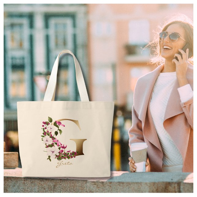Personalised Letter G Elegant Floral Gold Monogram Large Tote Bag (Creator Uploaded)