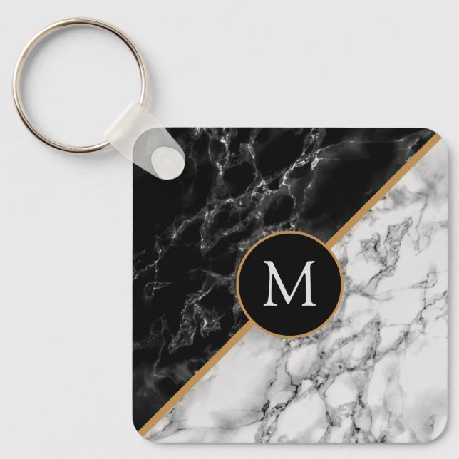 Personalised Letter Keychain Black White Marble (Front)
