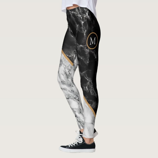 Personalised Letter Leggings Black White Marble (Left)
