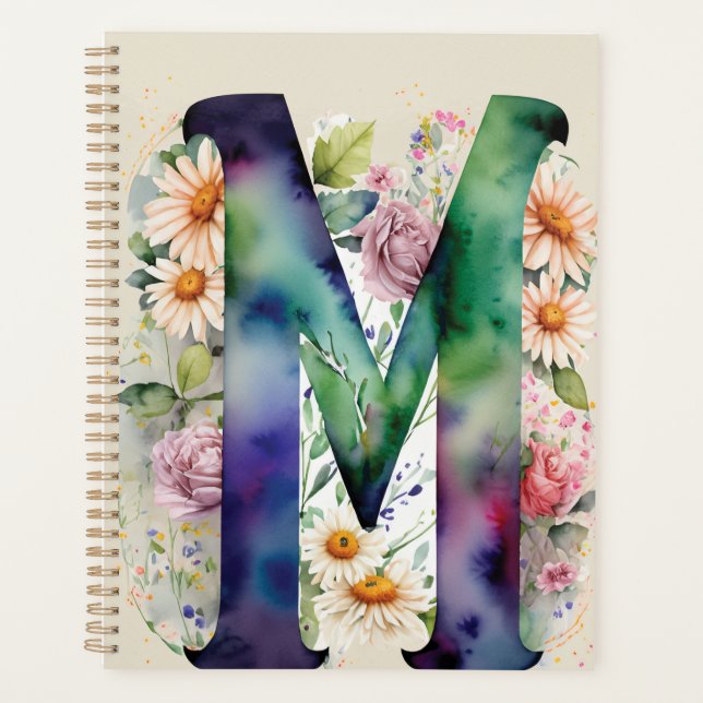 Personalised Letter M Floral Watercolor Notebook  Planner (Front)