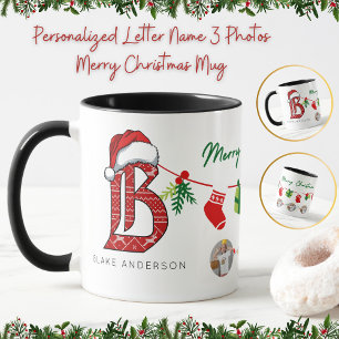 Personalised Letter Name 3 Photos Merry Christmas  Mug