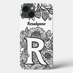 Personalised Letter R Black White Tattoo Flowers iPhone 13 Case