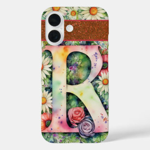 Personalised Letter R Elegant Floral Watercolor  iPhone 16 Case