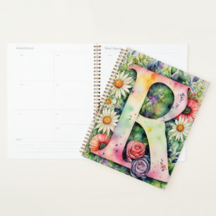 Personalised Letter R Floral Watercolor Notebook Planner