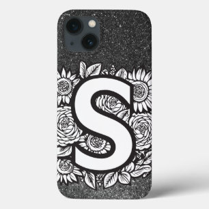 Personalised Letter S Black and White Glitter  iPhone 13 Case