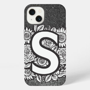 Personalised Letter S Black and White Glitter iPhone 13 Case