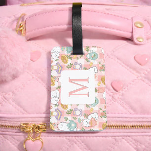 Personalised Letter Tea Bookish Cat Traveller Pink Luggage Tag
